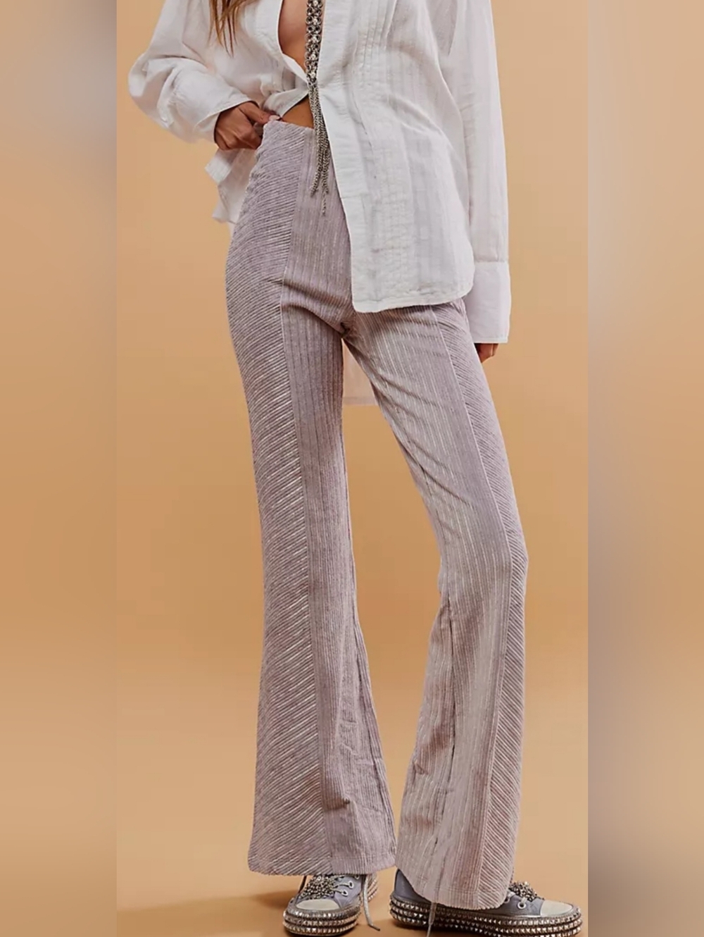 Free People Penny Pull On Velvet Ribbed Flare Pants Womens M Mustard Retro Stret - Picture 5 of 13